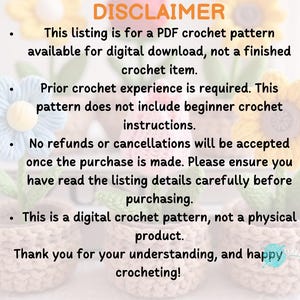May include: Image of three crochet flower pot arrangements. Each pot contains a different colored flower: blue, yellow, and a light orange. The image includes the text "DISCLAIMER" and other text about the product.