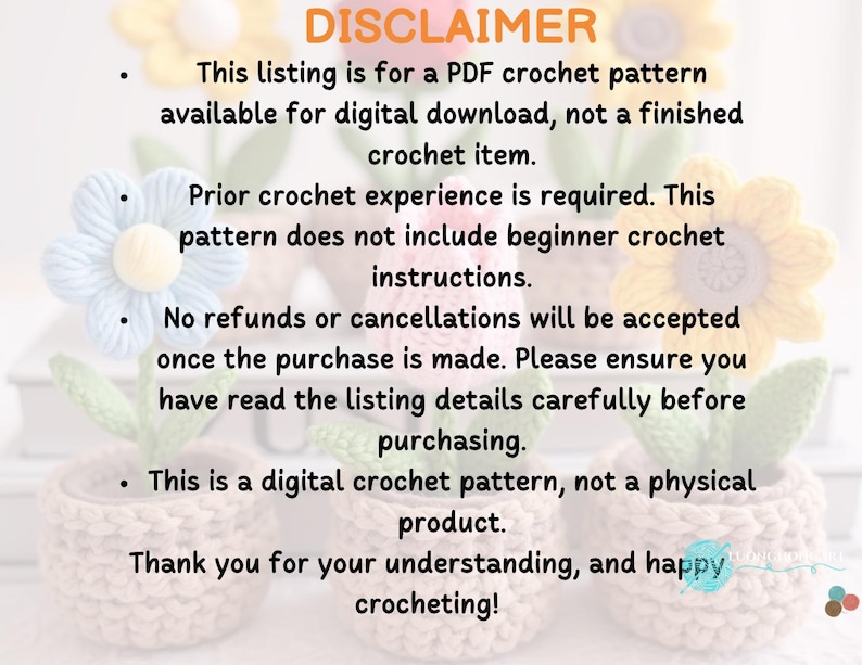 May include: Image of three crochet flower pot arrangements. Each pot contains a different colored flower: blue, yellow, and a light orange. The image includes the text "DISCLAIMER" and other text about the product.