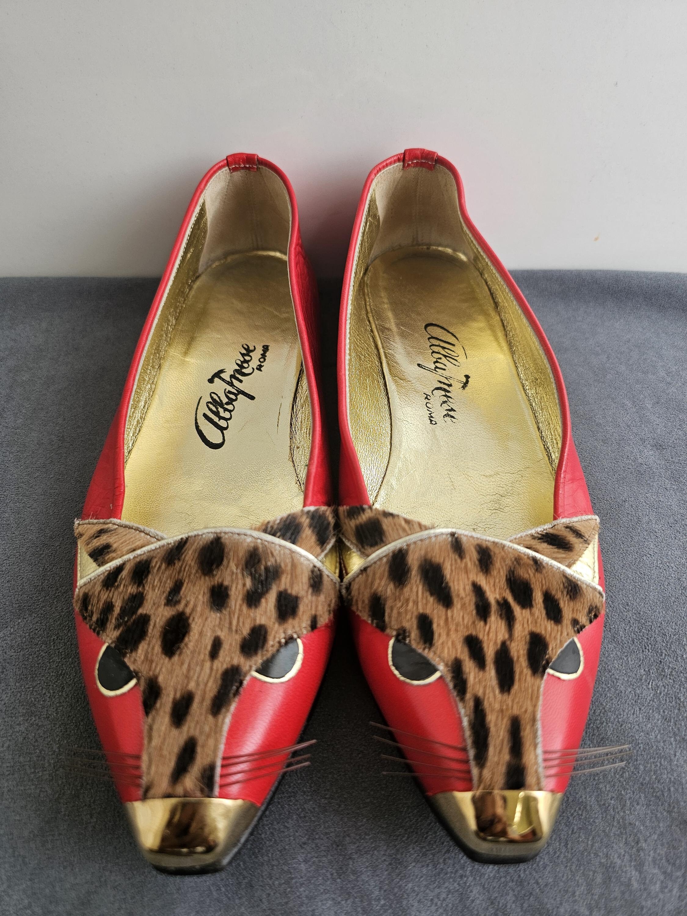 Rare Vintage Albanese Roma Red Leather Cheetah Ballet Flats