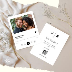 May include: A white save the date card with a black and white photo of a couple in the top left corner. The card has a black music player design with the text "Save The Date" and the couple's names, "Valeria & Nathan". The back of the card has the text "VN" in black and the text "Save The Date" with the couple's names and wedding date. A QR code is in the bottom left corner with the text "Invitation to follow".