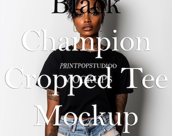 Black Champion Cropped Tee Mockup | Champion T453W Crop Top Mockup | Black Champion Crop Top Mock Up | Champion Cropped Tshirt Mock Up Black