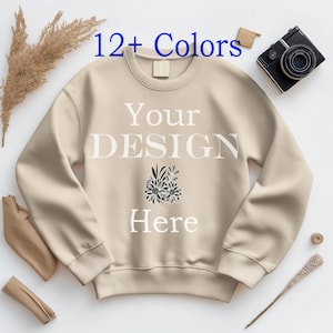 Gildan 18000 Mockup, Flat lay Sand Mockup 18000, Fall Sweatshirt Mockup, Sand Gildan Mock Autumn, Folded Flatlay Crewneck Beige Mockup 18000