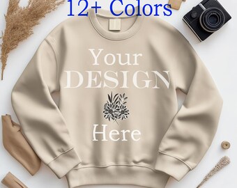 Gildan 18000 Mockup, Flat lay Sand Mockup 18000, Fall Sweatshirt Mockup, Sand Gildan Mock Autumn, Folded Flatlay Crewneck Beige Mockup 18000