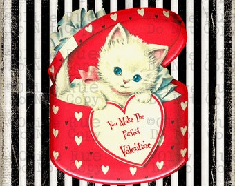 Vintage Valentine's Day Kitten in a Box Purfect Valentine Card, Valentines Day Kitten Sublimation Design Digital Download