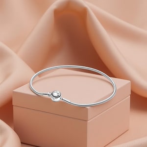 Può includere: Un bracciale argentato con un design a catena a serpente e una chiusura rotonda. La chiusura presenta testo inciso. Il bracciale è esposto su una scatola rosa chiaro, su uno sfondo di tessuto color pesca.