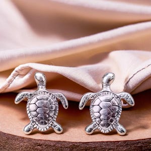 May include: A pair of silver turtle earrings. The turtles are detailed with textured shells and have a realistic design.