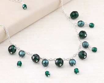 Emerald Cluster Necklace, Dark Green Beaded Necklace, Czech Glass, Holiday Fashion Jewelry
