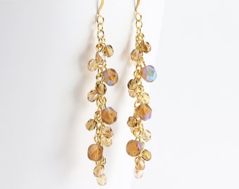 Light Brown Cascade Earrings, Smoky 'Topaz' Color Cluster Earrings, Czech Glass Bead Dangles, Fall Fashion Jewelry (Choose your metal color)