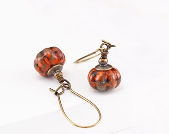 Rustic Orange and Brown Little Pumpkin Bead Dangle Earrings, Fall and Autumn Jewelry (Clip on available)