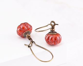 Dark Orange Little Pumpkin Bead Dangle Earrings, Fall and Autumn Jewelry (Clip on available)