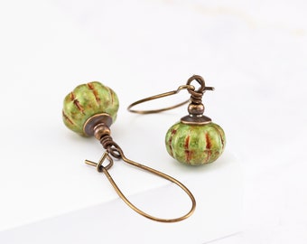 Rustic Light Green Little Pumpkin Bead Dangle Earrings, Fall and Autumn Jewelry (Clip on available)