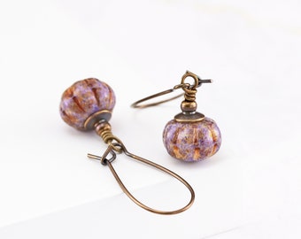 Rustic Light Purple Little Pumpkin Bead Dangle Earrings, Fall and Autumn Jewelry (Clip on available)