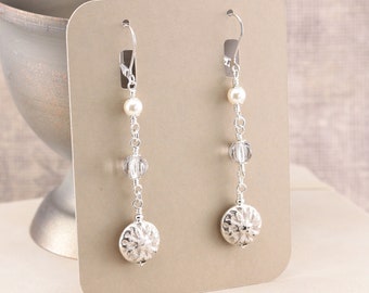 Long Silver and White Flower Beaded Dangle Earrings, 3 inch, made with Czech Glass (Clip on available)