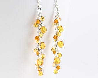 Jewel Toned Yellow Earrings, 'Topaz' Color Faceted Glass Cascading Cluster Earrings, Handmade Autumn Jewelry (Choose your metal color)