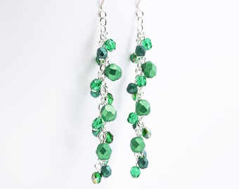 Kelly Green Earrings, Long Beaded Cascade Dangling Earrings, Cluster Jewelry (Choose your metal color)