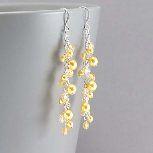 Buttercup Yellow Earrings, Long Cascading Pearl Earrings, Beaded Cluster Jewelry (Clip on available)
