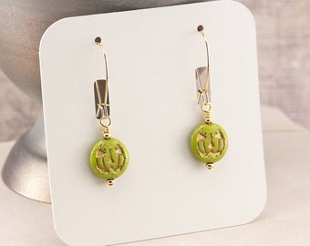 Avocado Green Jack-o-lantern Pumpkin Halloween Dangle Earrings, made with Czech glass beads, Halloween Jewelry (Choose your hook style)