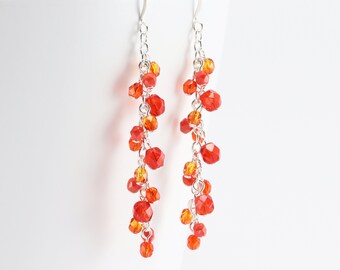 Long Orange Earrings, Dark Hyacinth Beaded Cascade Earrings, Fall Jewelry (Choose your metal color)