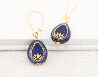 Navy Blue Teardrop Earrings with Gold Wash Lotus Pattern, Bead Dangle Earrings, Czech Glass Jewelry (Clip on available)