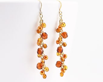 Long Autumn Dangles, Shades of Topaz Faceted Glass Cascading Earrings, Fall Cluster Jewelry, Choose gold or silver metals