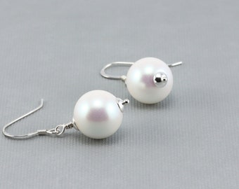 Pearlescent White Dangle Earrings, Large Round Crystal Pearl Earrings with Sterling Silver Hooks, Simple Jewelry