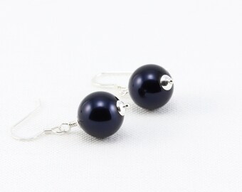 Midnight Blue Dangle Earrings, Dark Navy Large Crystal Pearl Earrings with Sterling Silver Hooks, Simple Jewelry