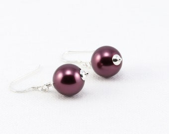 Burgundy Dangle Earrings, Wine Red Large Crystal Pearl Earrings with Sterling Silver Hooks, Simple Jewelry