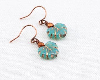 Sea Foam Earrings, Aqua Green Leaf Bead Dangles with Plated Antiqued Copper Hooks, Fall Fashion Jewelry