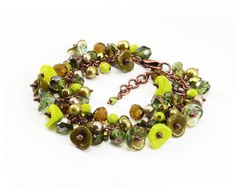 Olive Green Beaded Bracelet, Chunky Flower Cluster Bracelet, Adjustable Length, One Of A Kind Jewelry