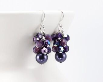 Dark Purple Earrings, Violet Pearl Dangle Earrings, Beaded Cluster Jewelry (Clip on available)