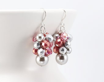 Pink and Gray Earrings, Dark Rose and Silver Pearl Dangle Earrings, Beaded Cluster Jewelry (Choose your hook style)