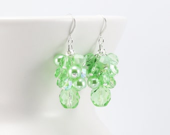 Pastel Spring Green Earrings, Beaded Cluster Earrings, Faceted Glass Jewelry (Clip on available)