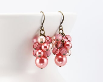 Shades of Pink Earrings, Beaded Cluster Earrings, Glass Pearl Bridal Jewelry (Choose your metal color)