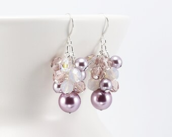 Lilac Earrings, Light Purple Pearl Dangle Earrings, Beaded Bridal Cluster Jewelry (Choose your metal color)