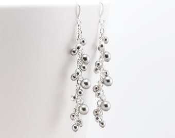 Long Gray Cascade Earrings, Silver Pearl Dangle Earrings, Beaded Cluster Jewelry (Choose your hook style)