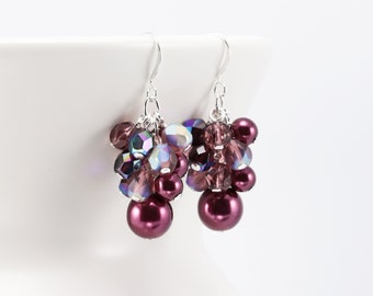 Plum Purple Earrings, Beaded Cluster Earrings, Glass Pearl Jewelry (Clip on available)