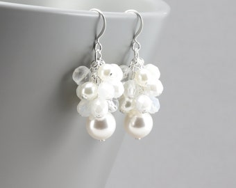 White Cluster Earrings, Beaded Dangle Earrings, Pearl Wedding Jewelry (Choose your metal color)
