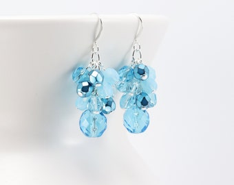 Turquoise Blue Earrings, Beaded Cluster Earrings, Light Aqua Dangles, Czech Glass Jewelry (Clip on available)