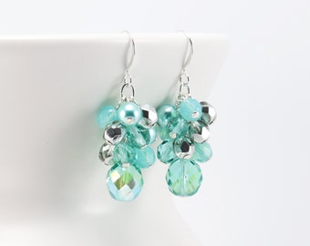 Seafoam Earrings, Pastel Aqua Beaded Cluster Earrings, Faceted Glass Jewelry (Clip on available)