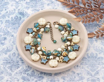 Moon and Stars Cluster Bracelet, Creamy White and Dusty Blue Chunky Beaded Bracelet, Adjustable Length, with Czech Glass, Celestial Jewelry