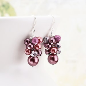 Dark Mauve Beaded Cluster Earrings, Dusty Rose Dangles, Pink Glass Pearl Jewelry, Choose your hook style