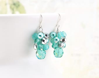 Mint Cluster Earrings, Pastel Aqua Blue-Green Glass Beaded Dangles on Gold or Silver Plated Hooks, Bridesmaid Jewelry, Clip on available