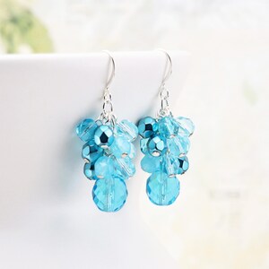 Turquoise Blue Earrings, Beaded Cluster Earrings, Light Aqua Dangles, Czech Glass Jewelry, Clip on available