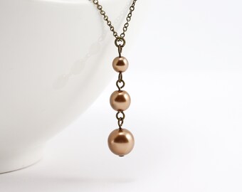 Bronze Pearl Necklace, Graduated Crystal Bead Pendant Necklace, Fall and Autumn Wedding Jewelry