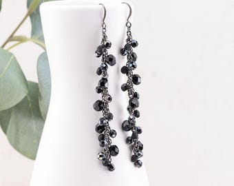 Extra Long Black Beaded Earrings, Cascading Cluster Linear Dangles with Gunmetal Plated Hooks, Handmade Jewelry