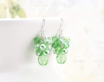 Light Green Cluster Earrings, Faceted Glass Beaded Dangles on Silver Plated or Gold Plated Hooks, Spring Bridal Jewelry, Clip on available