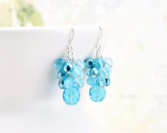 Aqua Cluster Earrings, Coastal Blue Faceted Czech Glass Beaded Dangles on Silver or Gold Plated Hooks, Bridal Jewelry, Clip on available