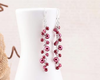 Fuchsia Earrings, Dark Pink Pearl Cascading Earrings, Beaded Cluster Jewelry, Choose your metal color