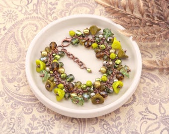 Olive Green Cluster Bracelet, Chunky Floral Beaded Bracelet with Pearls & Czech Glass in Antiqued Copper, One-Of-A-Kind Jewelry