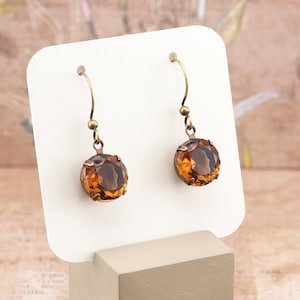 Smoky Brown Earrings, Round &#39;Topaz&#39; Color Glass Rhinestone Dangle Earrings, Autumn Jewelry, Choose your metal color, 11mm